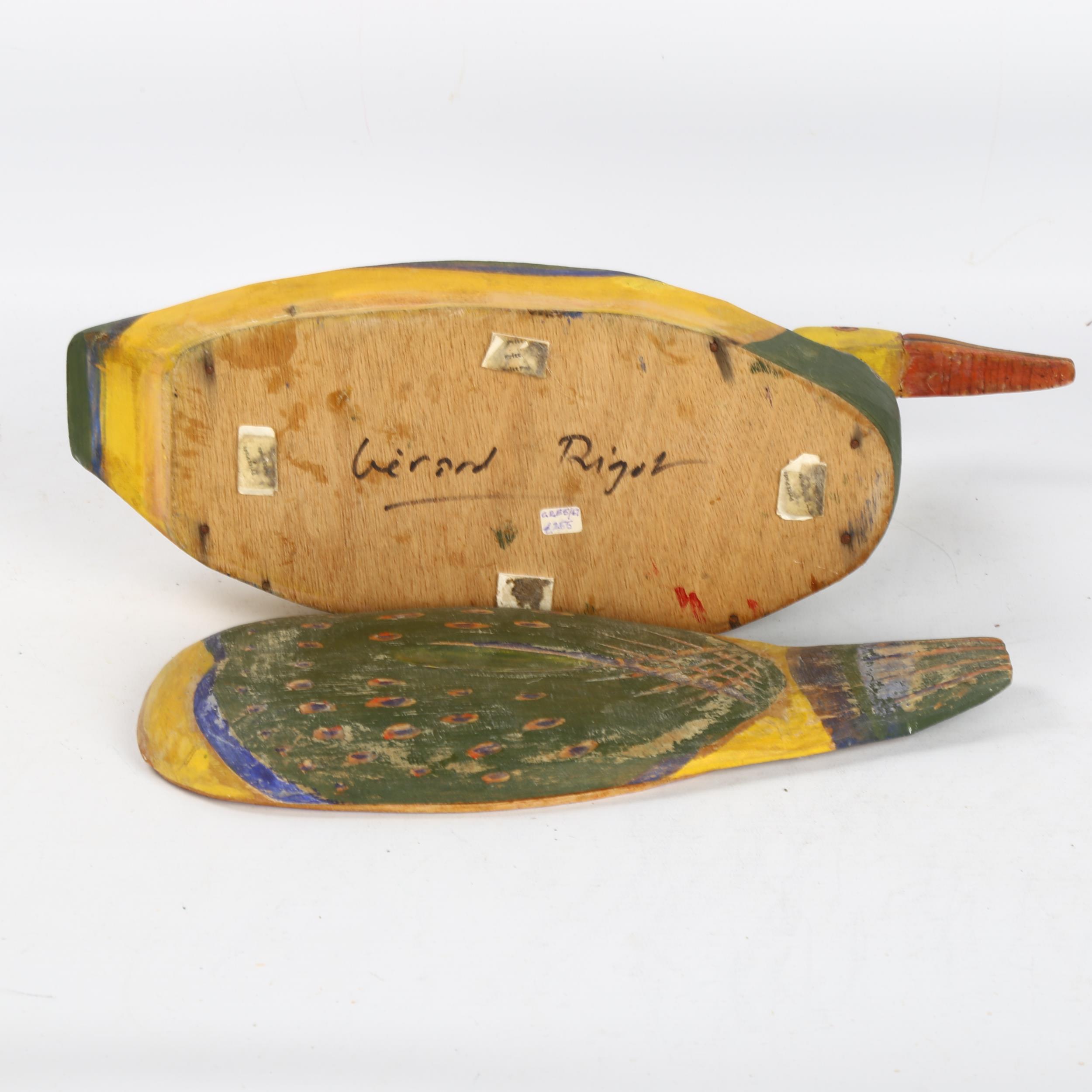 Gerard Rigot (b1929), a wooden hand carved and painted box in duck form, signed to base, length 38cm - Image 3 of 3