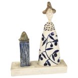 Jane Muir studio ceramic sculpture, woman with plate on plinth, signed under base, height 34cm,