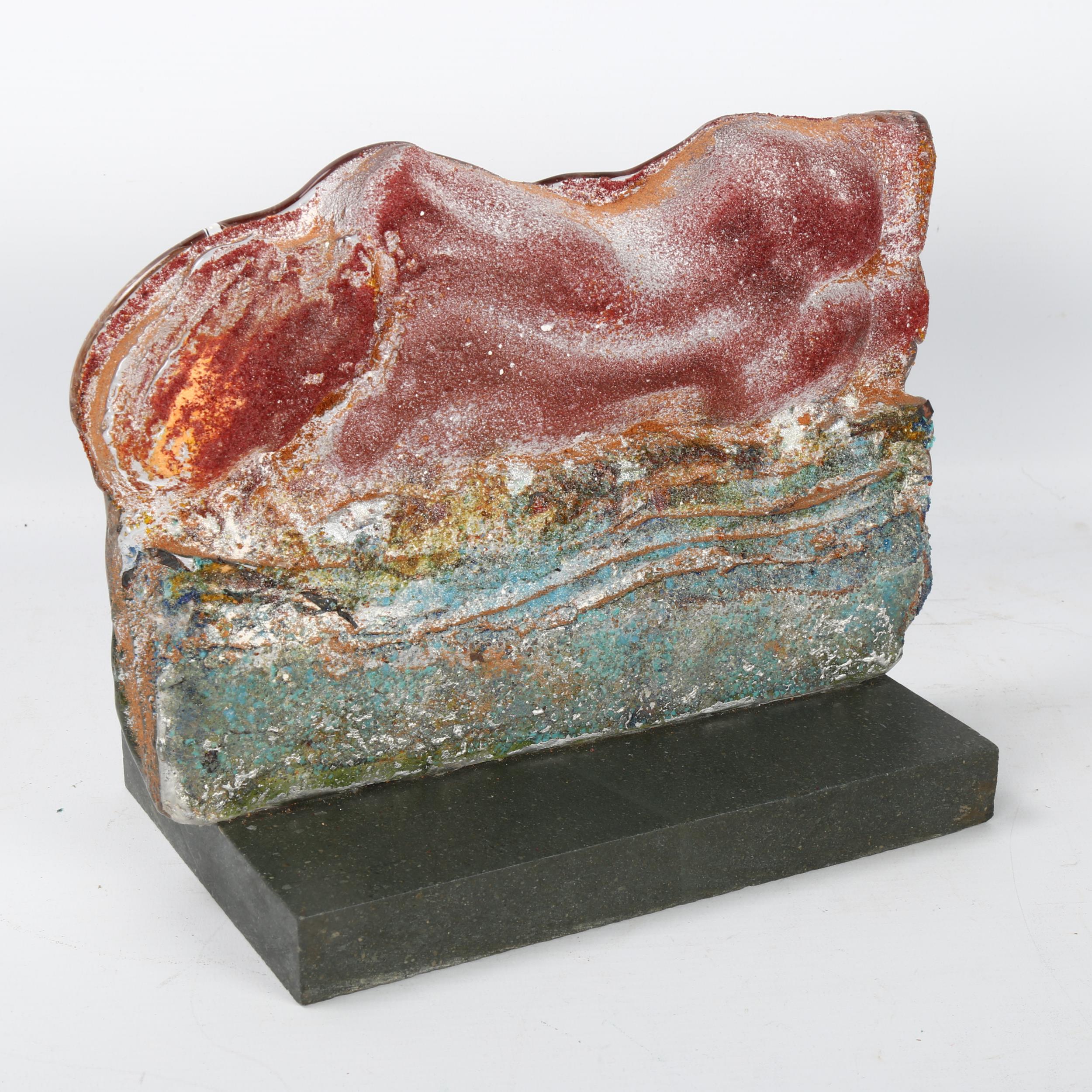 A contemporary multi-colour glass abstract sculpture on slate base, unsigned, sculpture length 26cm, - Image 2 of 3