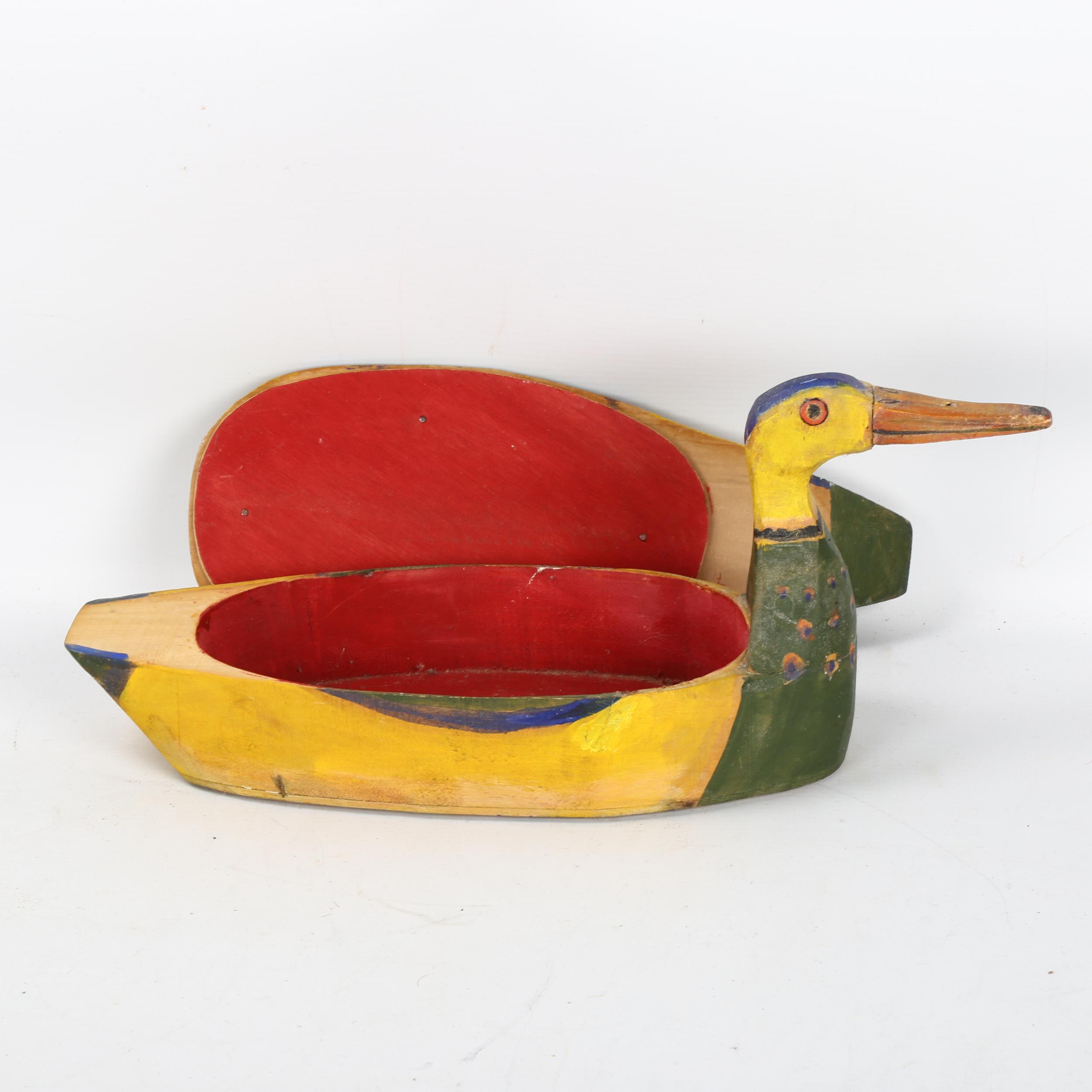 Gerard Rigot (b1929), a wooden hand carved and painted box in duck form, signed to base, length 38cm - Image 2 of 3