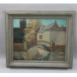 J Kaposvari-Lampis, mill house and bridge, oil on board, signed, 35cm x 43cm, framed Good original