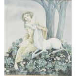 Jenny Press, girl with a unicorn, watercolour, signed and dated 1988, 25cm x 23cm, framed Good