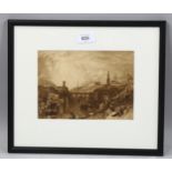 After J M W Turner, view of Newcastle, sepia lithograph, 15cm x 20cm, framed Good condition