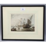 18th/19th century English School, busy shipping scene, watercolour, unsigned, 16cm x 23cm, framed