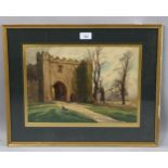 J Forsyth, castle gateway, watercolour, signed, 26cm x 37cm, framed Light foxing