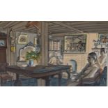 Edward Bawden (1903 - 1989), the parlour/repairing the thresher in the barn 1949, colour