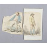 George Moreland, 2 pencil and watercolour studies, man pulling rope and a standing figure,