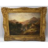 19th century oil on canvas, extensive sunset mountain landscape with goat herd playing pipes,