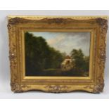 19th century oil on canvas, detailed study, figures outside a time framed woodland cottage,