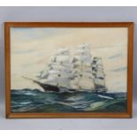 Mid-20th century watercolour/gouache, 3-masted sailing ship at sea, unsigned, 55cm x 75cm, framed