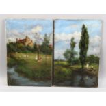 Pair of 19th century oils on canvas, children fishing, and children near a country house, signed