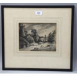 18th century English School, bridge over a river, charcoal/watercolour, unsigned, 16cm x 21cm,