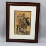 Watercolour on rice paper, Moghul warrior on horseback, text inscription, 31cm x 21cm, framed