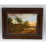 19th century oil on canvas, fisherman on a riverbank at sunset, unsigned, 17.5cm x 25cm, framed