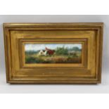 Heinemann, Gundogs and quail, oil on wood panel, signed with original label verso, 13cm x 35cm,