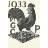 Eric Ravilious, wood engraving, cockerel, full prospectus 1933, sheet size 25cm x 18cm, framed