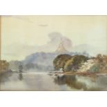 Maung Saya Saung (1898 - 1952), river landscape towards a temple, watercolour, signed, 26cm x