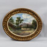 19th century oval oil on board, cattle in landscape, unsigned, 35cm x 45cm, framed and glazed Very