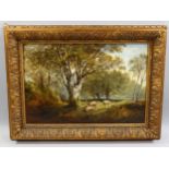 19th century English School, sheep in wooded landscape, oil on canvas, indistinctly signed, 38cm x