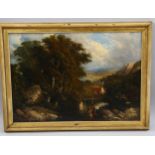 19th century English School, figures beside a river, oil on canvas, unsigned, 36cm x 51cm, framed