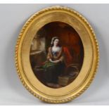 19th century oil on panel, woman in cottage interior, unsigned, 24cm x 19cm, framed Good clean