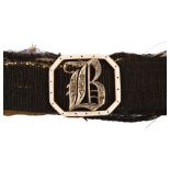 A Victorian 15ct gold diamond and enamel initial B mourning bracelet, with moire silk band,