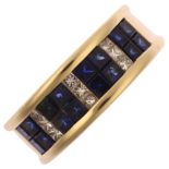 A modern 14ct gold sapphire and diamond band ring, set with square-cut sapphire and Princess-cut