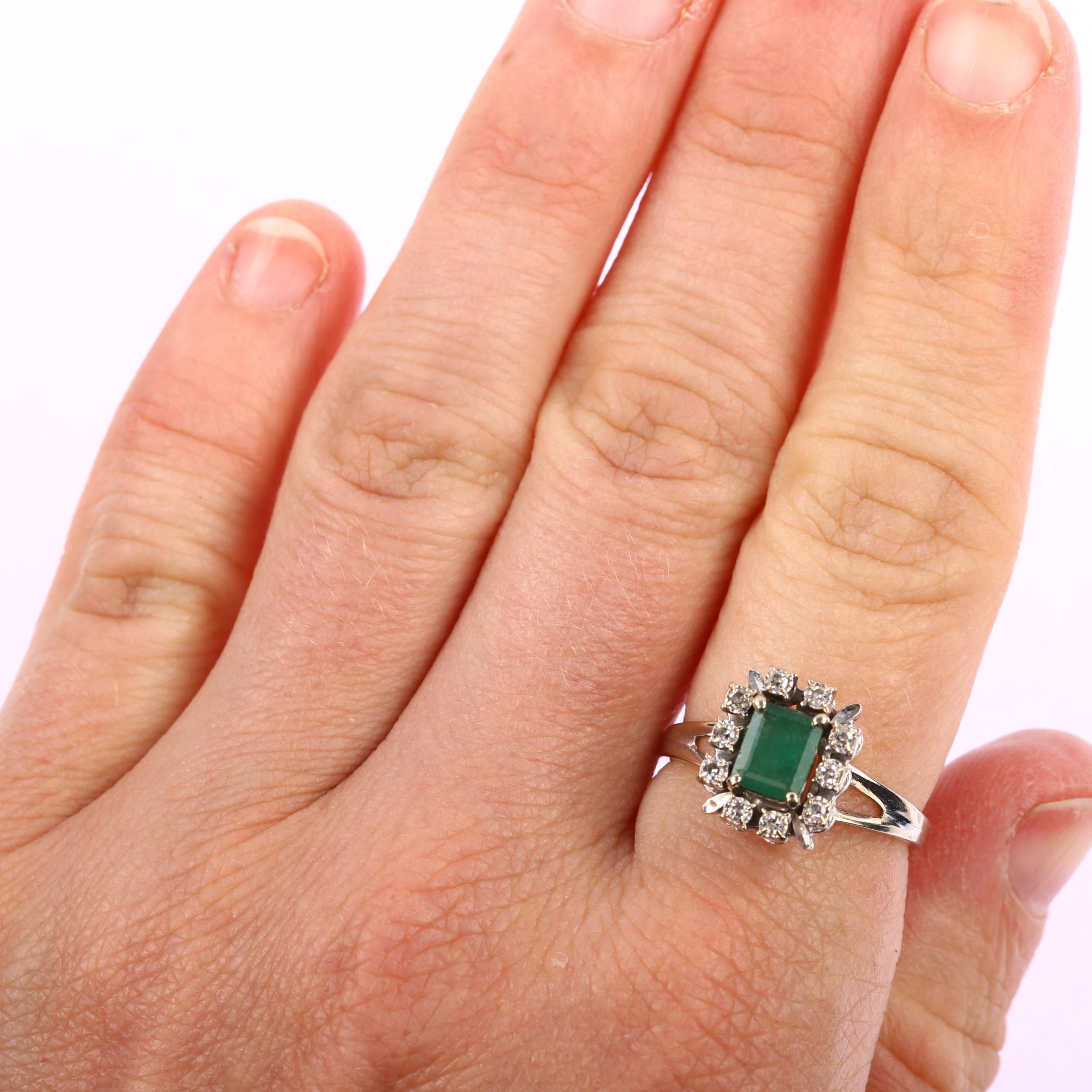 A late 20th century French white gold emerald and diamond rectangular cluster ring, set with - Image 4 of 4