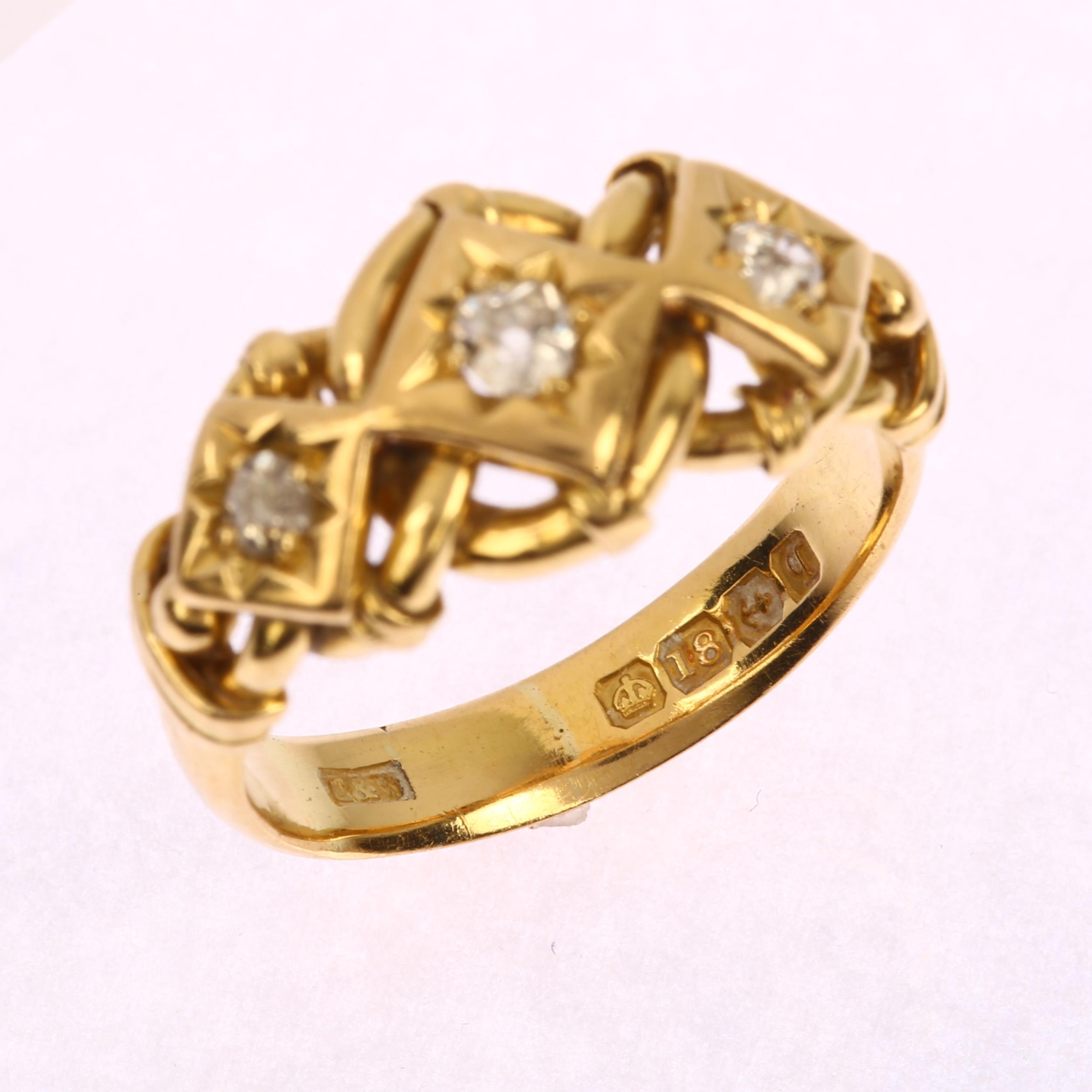 An early 20th century 18ct gold three-stone diamond ring, star set with old-cut diamonds and curb - Image 2 of 4