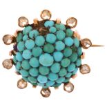 An Antique French turquoise and diamond bombe brooch, unmarked gold closed-back settings with