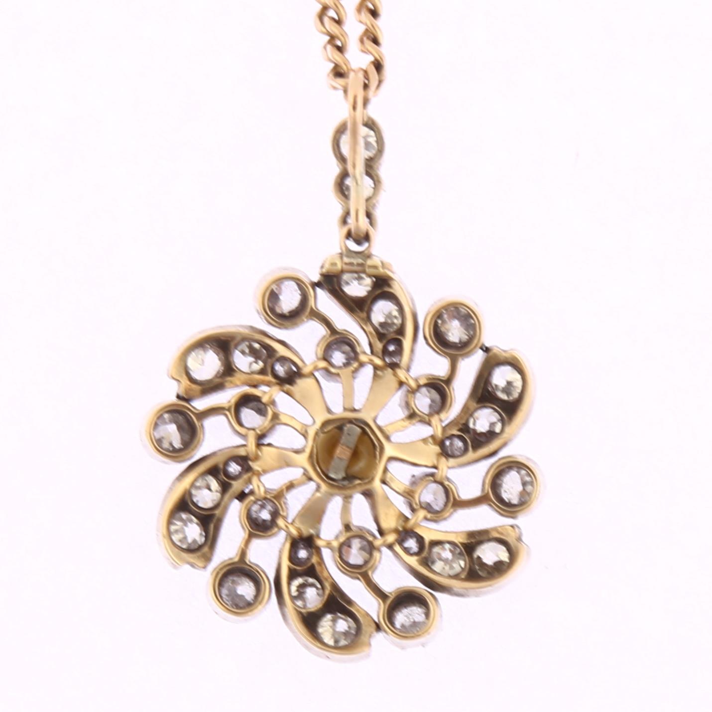 A Victorian natural pearl and diamond flowerhead pendant necklace, circa 1880, unmarked silver and - Image 3 of 4