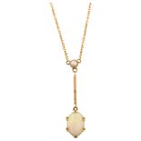 An Edwardian 9ct gold opal and split pearl drop pendant necklace, set with oval cabochon opal on 9ct