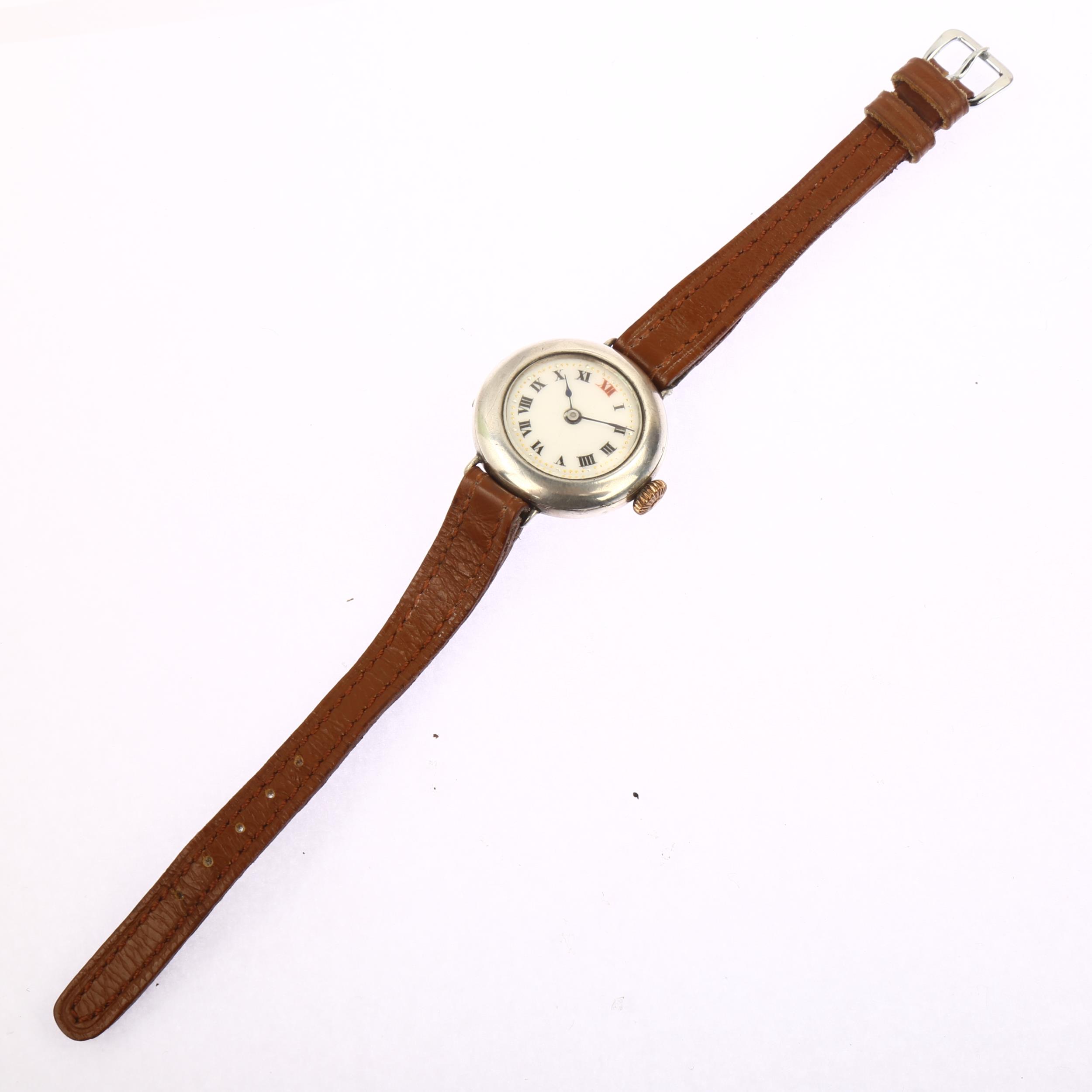 A First World War Period silver Officer's trench style mechanical wristwatch, white enamel dial with - Image 2 of 5