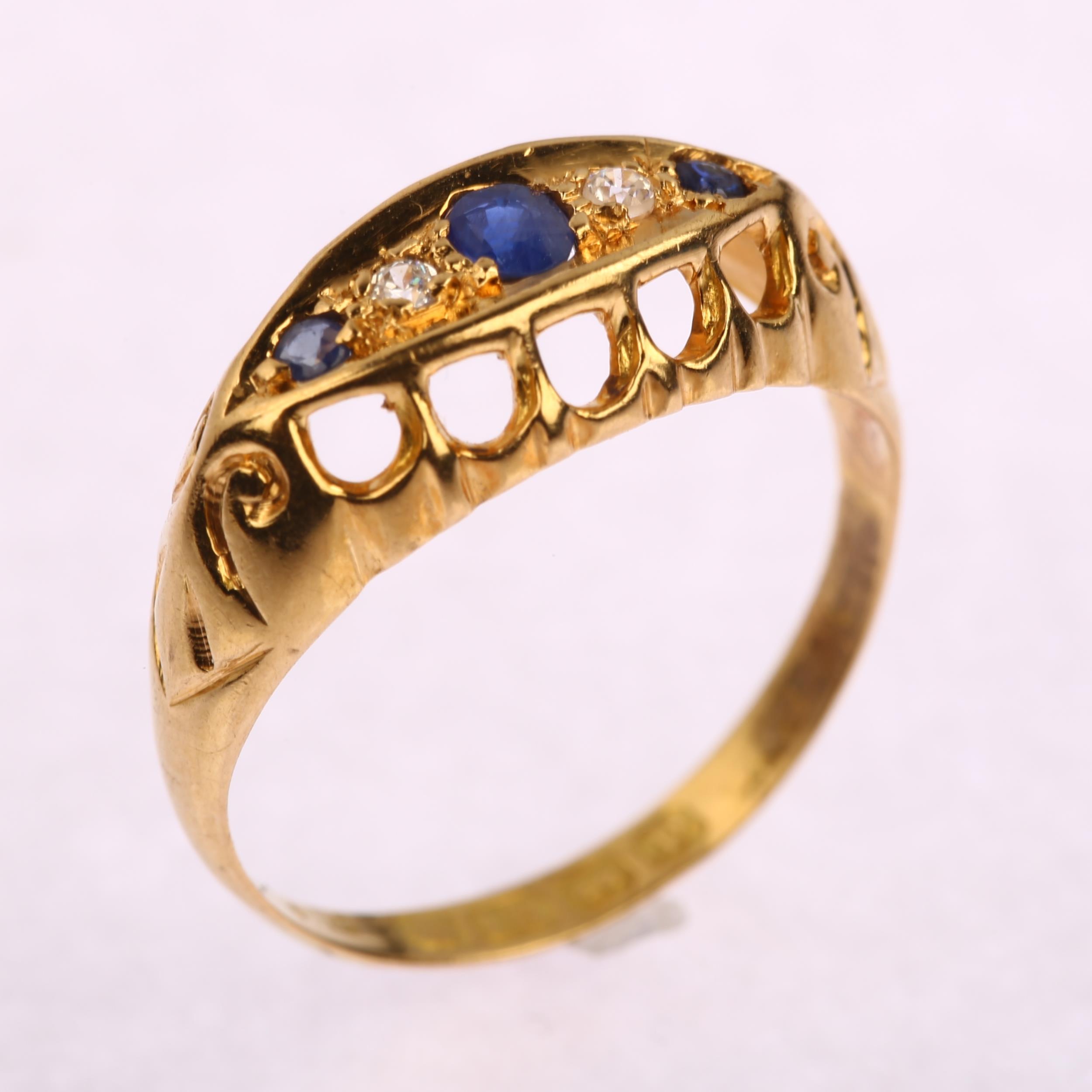 An early 20th century 18ct gold graduated five stone sapphire and diamond half hoop ring, set with - Image 2 of 4