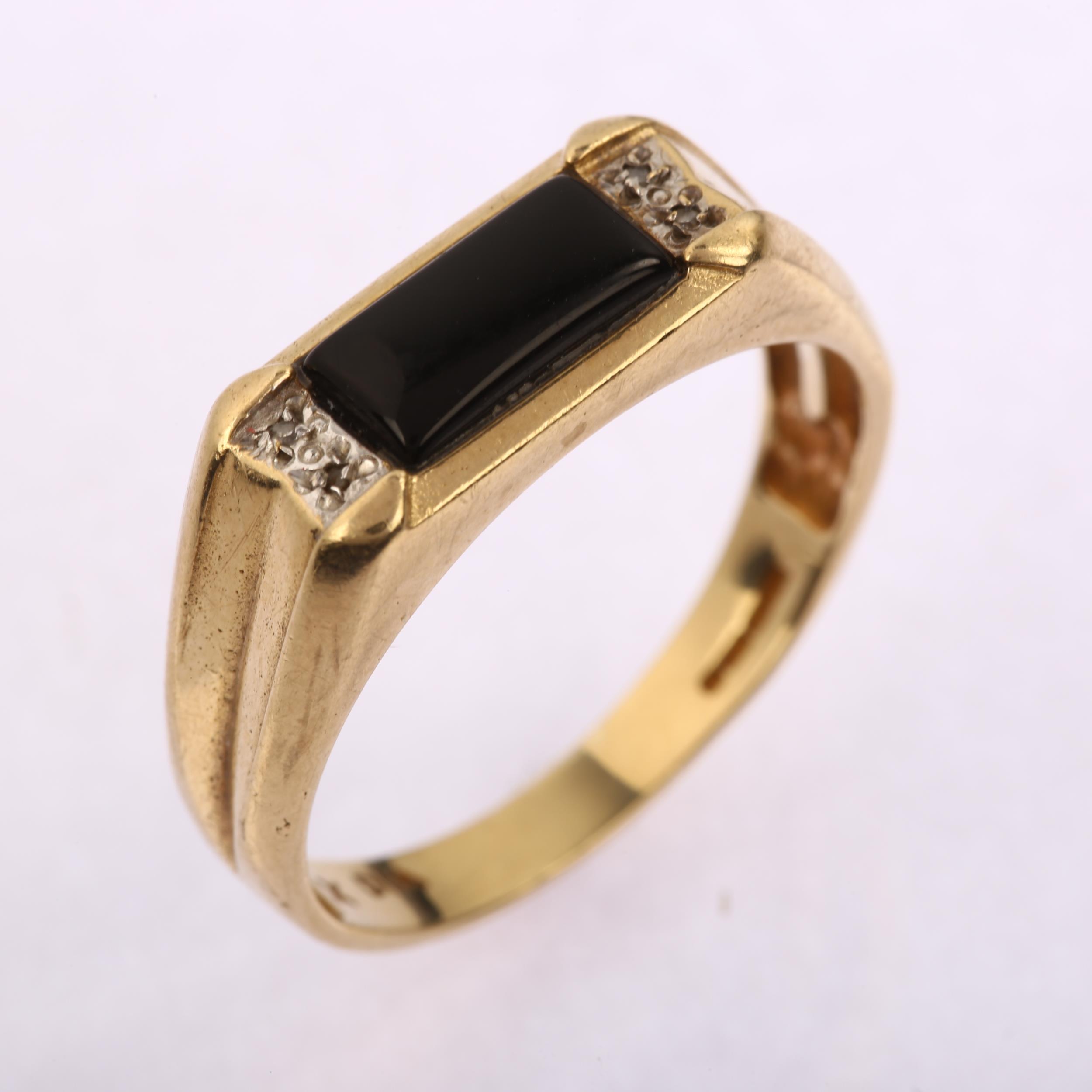 A large modern 9ct gold onyx and diamond signet ring, setting height 7.4mm, size X, 4.3g No damage - Image 2 of 4