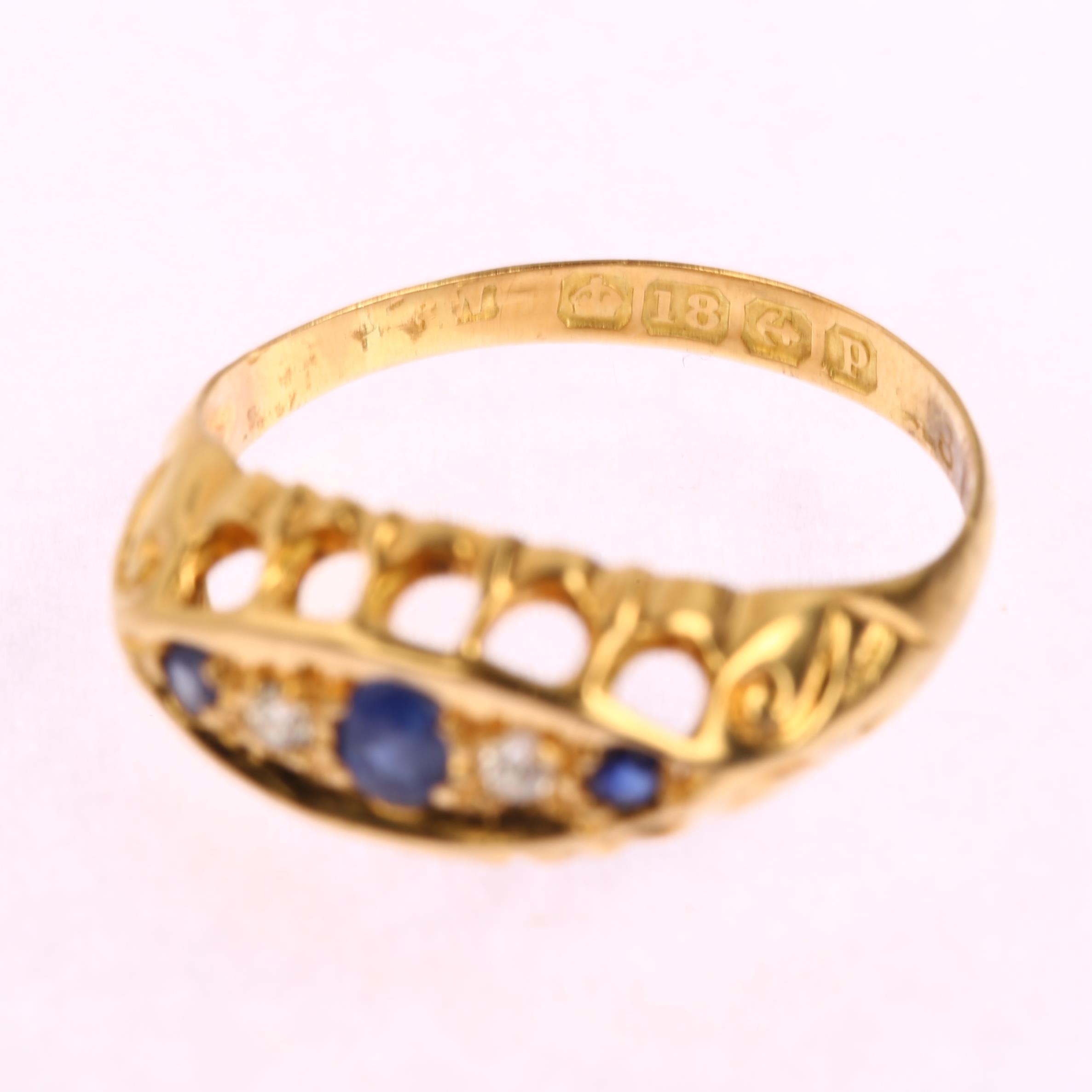 An early 20th century 18ct gold graduated five stone sapphire and diamond half hoop ring, set with - Image 3 of 4