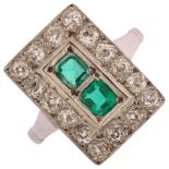 An Art Deco 18ct white gold and platinum emerald and diamond rectangular cluster panel ring, set