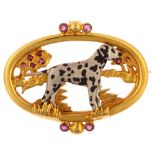 A modern 18ct two-colour gold ruby figural Dalmatian dog pendant/brooch, oval form with pierced
