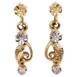 A pair of 18ct gold diamond floral drop earrings, with stud fittings, total diamond content approx