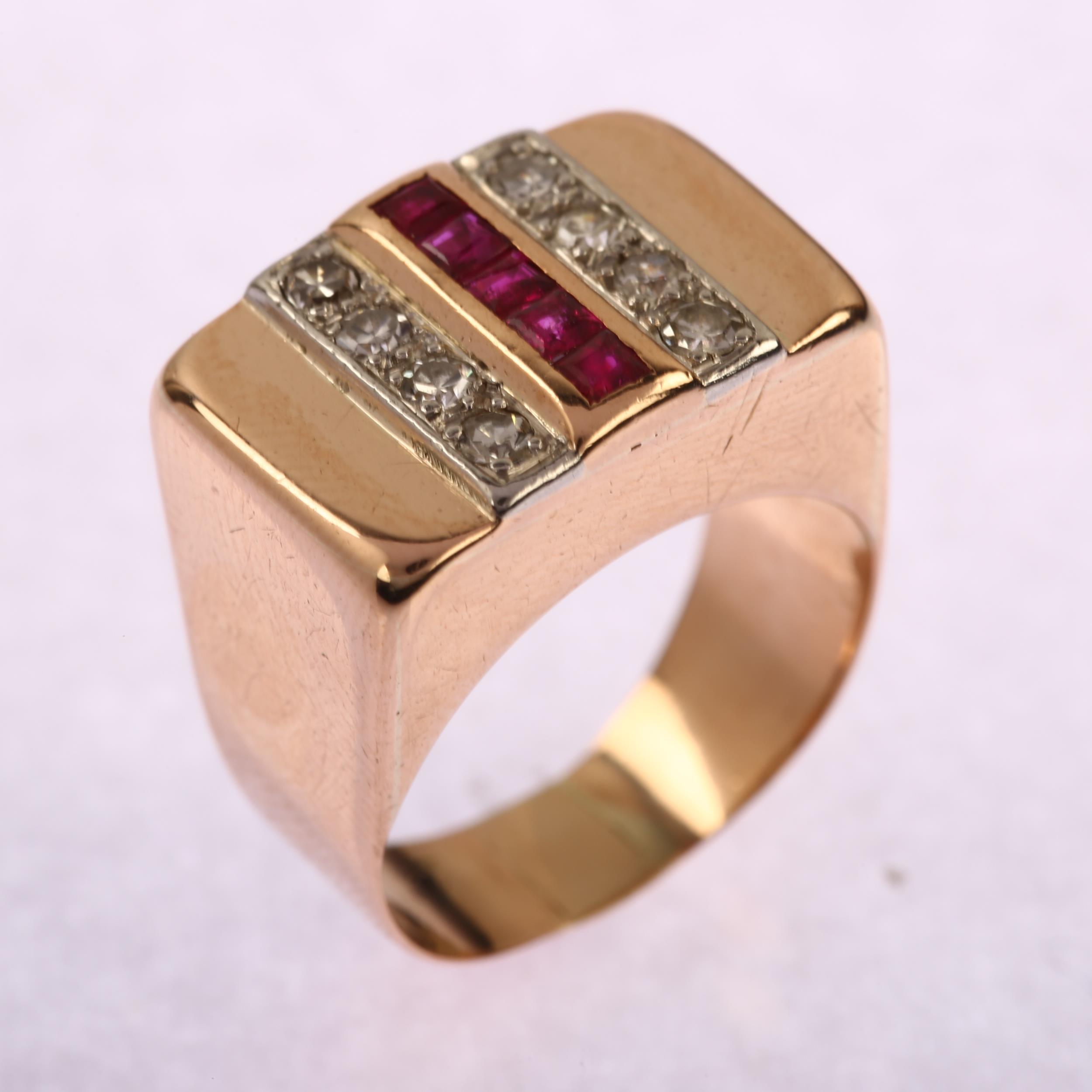 A mid-20th century ruby and diamond signet ring, unmarked 14ct rose gold odenesque settings with - Image 2 of 4