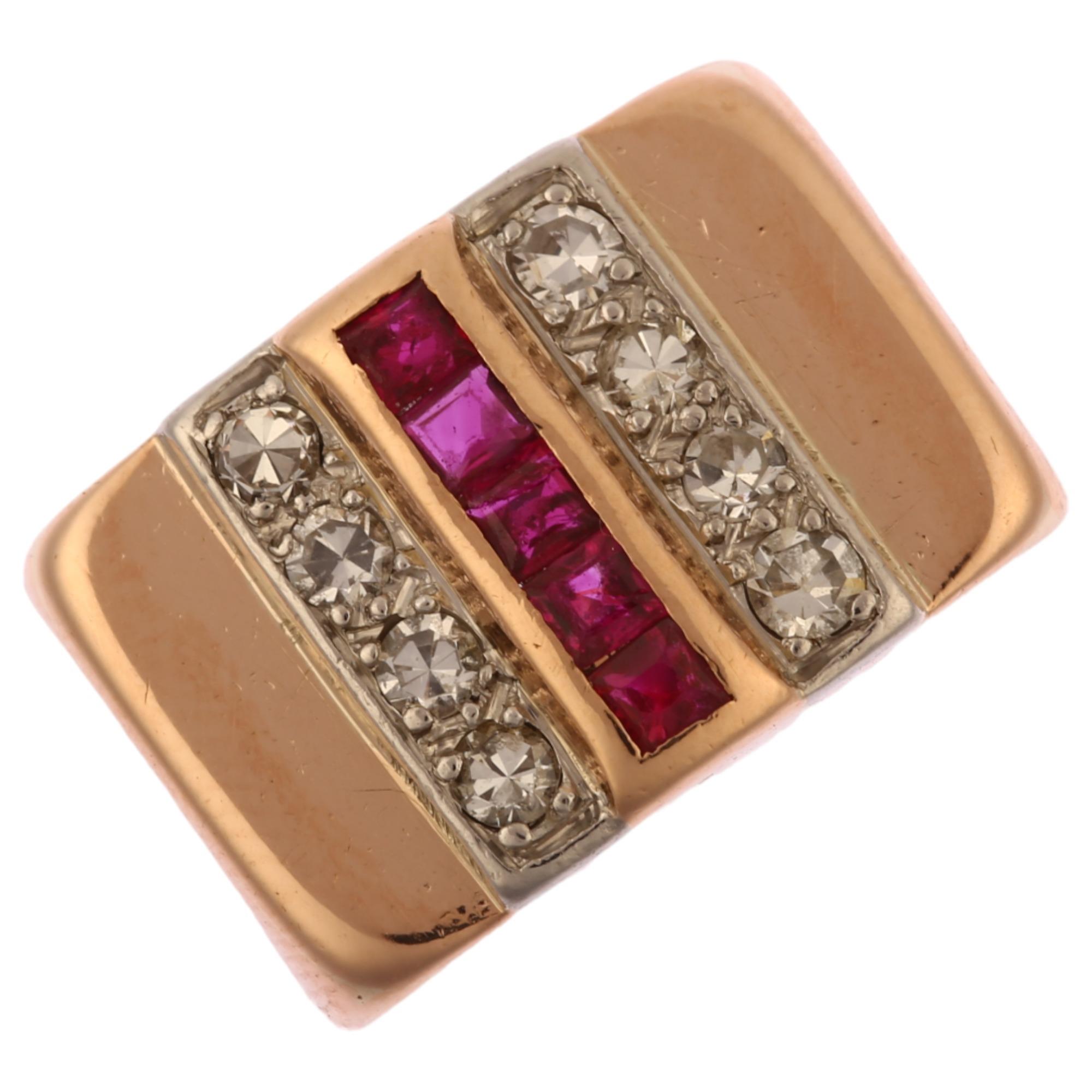 A mid-20th century ruby and diamond signet ring, unmarked 14ct rose gold odenesque settings with