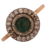 A 9ct two-colour gold emerald and cubic zirconia cluster target ring, set with round cabochon