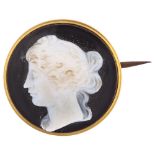 A 19th century miniature sardonyx cameo brooch, relief carved with Classical female head profile, in