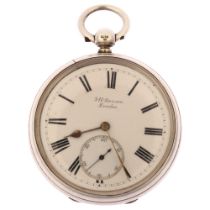 J W BENSON - a Victorian silver open-face key-wind pocket watch, white enamel dial with Roman