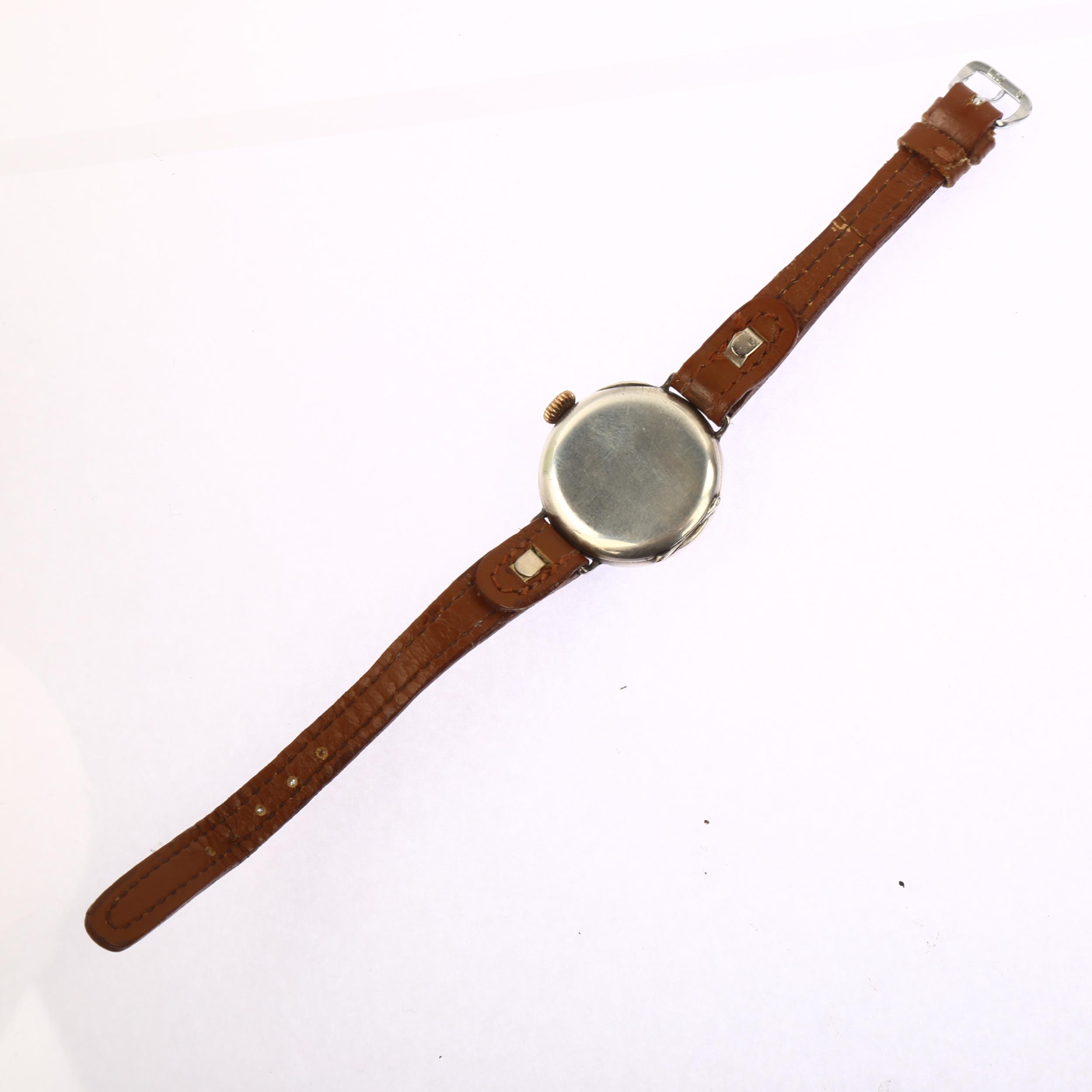 A First World War Period silver Officer's trench style mechanical wristwatch, white enamel dial with - Image 3 of 5