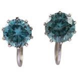 A pair of 9ct white gold blue zircon earrings, with screw-back fittings, zircon measures: 7.35 x 4.