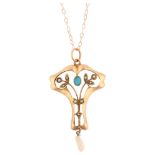 An Art Nouveau 9ct rose gold turquoise and pearl openwork drop pendant necklace, floral design