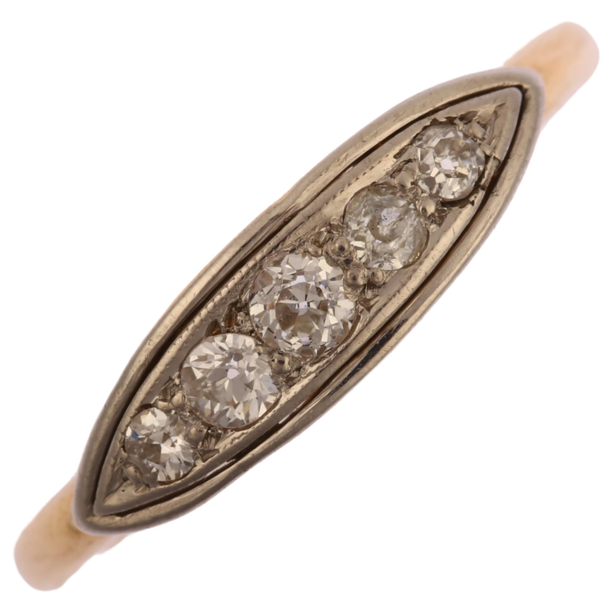 An early 20th century 18ct gold graduated five stone diamond half hoop ring, platinum-topped set