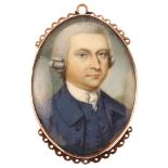 A Georgian portrait miniature watercolour on ivory pendant/clasp, unmarked rose gold closed-back