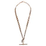 An Antique 9ct rose gold graduated belcher link double Albert chain necklace, with 9ct T-bar and 2